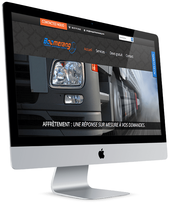 Page d'accueil du site vitrine Transport Boomerang, spécialiste du transport express depuis Lyon vers toute l'Europe, de l'affrètement et de la location de véhicules avec chauffeur