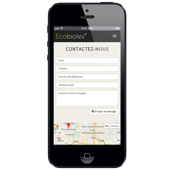 Formulaire de contact et google maps du site Ecobiotex